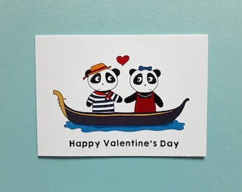 Panda Valentine's Day card, cute valentine card, pandas in love, Venice, gondola, P015