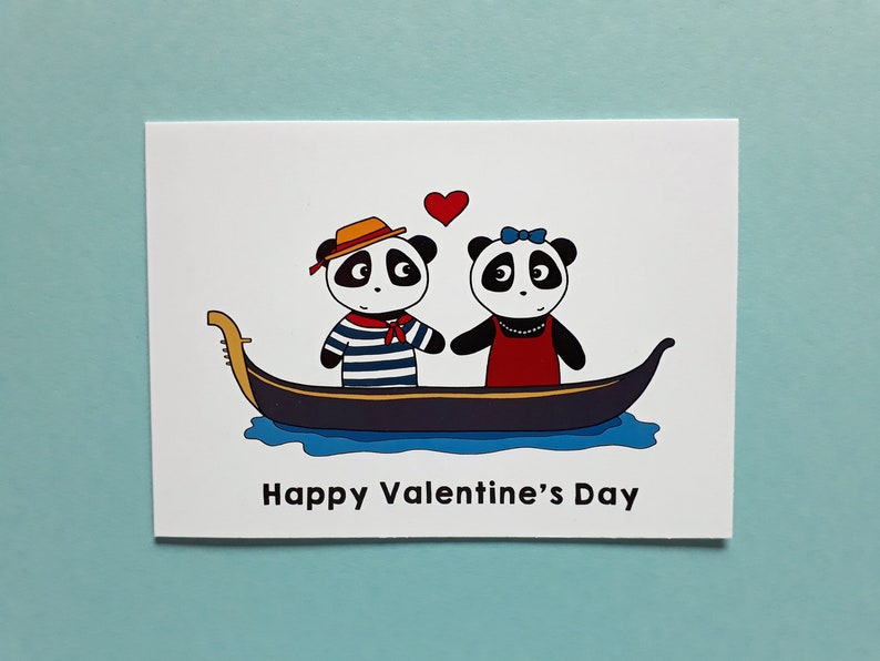 Panda Valentine's Day card, cute valentine card, pandas in love, Venice, gondola, P015 image 1