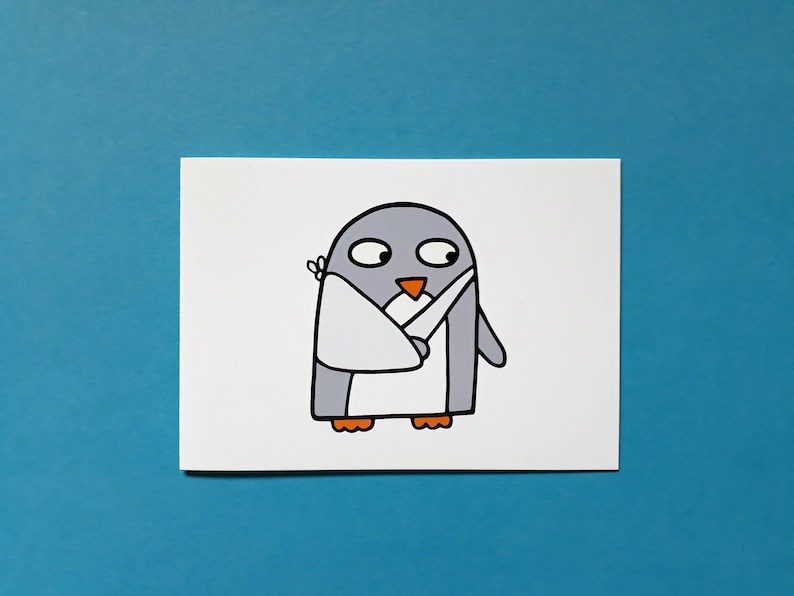 May include: A cartoon illustration of a grey penguin with an orange beak and feet, holding a knife. The penguin is wearing a white bib and has a bandage on its head. The background is a solid blue.