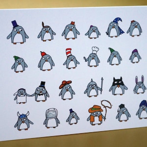 May include: A white greeting card featuring a whimsical illustration of numerous penguins, each adorned with a unique hat or costume. The penguins are depicted in various outfits, including a chef's hat, a wizard's hat, and a cowboy hat.