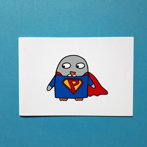 May include: A cartoon illustration of a penguin dressed as a superhero. The penguin is wearing a blue suit with a red "P" emblem and a red cape. The background is a solid light blue.