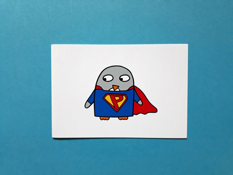May include: A cartoon illustration of a penguin dressed as a superhero. The penguin is wearing a blue suit with a red "P" emblem and a red cape. The background is a solid light blue.