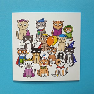 Cat birthday card, fancy dress, cat party, crazy cat lady, cat lover, children's cat card, blank inside