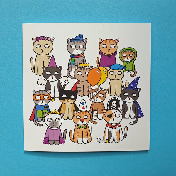 Cat birthday card, fancy dress, cat party, crazy cat lady, cat lover, children's cat card, blank inside