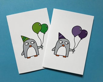 Pinguin Geburtstagskarte mit Luftballons - Kindergeburtstag - Glückwunsch - lila - grün - innen blanko - 005P - 005G