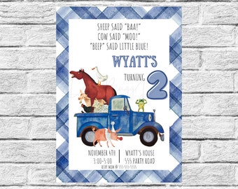 Könnte beinhalten: Blaue und weiße Einladung mit einem blauen Lastwagen, der Nutztiere transportiert. Der Text lautet "Sheep said 'baa!' Cow said 'moo!' 'Beep' said little blue! Wyatt's turning 2. November 4th 3:00-5:00 Wyatt's House 555 Party Road RSVP Mom @ 355-555-5555"