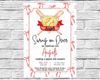 May include: A pink and white invitation with a watercolour illustration of a softball, bats, and a red ribbon with the text "Angels". The text "Swing on Over to celebrate the Angels making a splash this season!" is written in black. The date, time, and address are listed below.