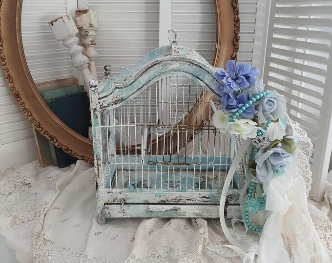 Gallery Detail: Ornate Wooden Birdcage W Vintage Blue Rose Garland Decorative Birdcage
