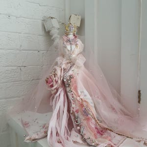 13&quot; Tall Decorative Victorian Inspired Mannequin Altered Art Dress with Veil Miniature Art Dress Hand Sewn Dress French Boudoir Home Decor