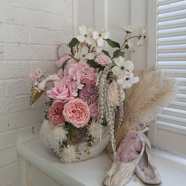 Floral Arrangements in Swan Planter Floral Decor Table Top Decor Mother's Day Gift Floral Centerpiece Shabby Chic Decor Home Decor
