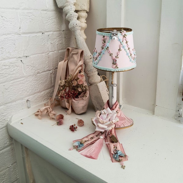 Marie Antoinette's Motif Pink Candlestick Lamp Pink Candle Lamp Table Lamp Nightlight Pink Rose Distressed Hand Painted Home Decor