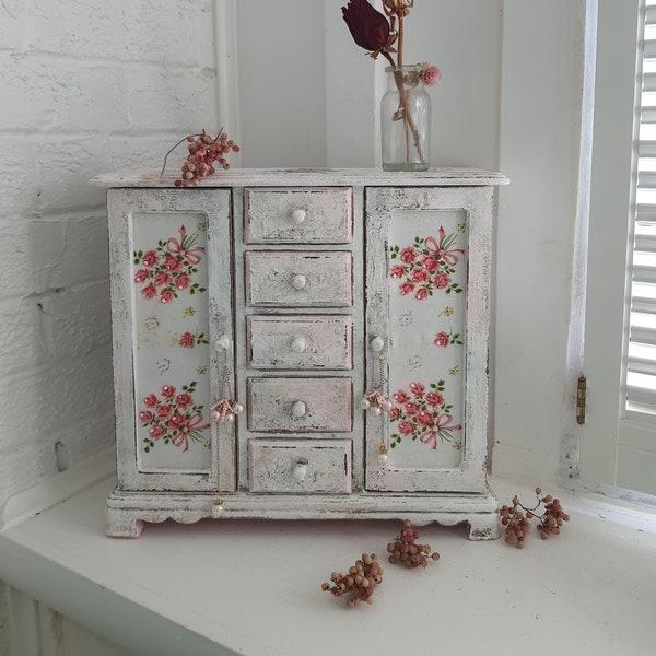 French Wood Jewelry Armoire Vintage Jewelry Box Jewelry Organizer Shabby Chic Chalk Pink and White Distressed Hand Painted Home Decor