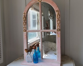 Window Pane Mirror w/ Shelf Decorative Mirror Ornate Mirror Shabby Cottage Shabby Chic Dust Pink Distressed Hand painted Home Decor