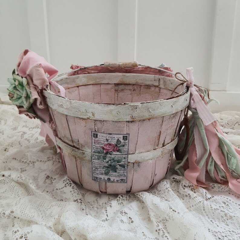 Vintage Apple Basket Pink and White Wooden Basket Storage Etsy
