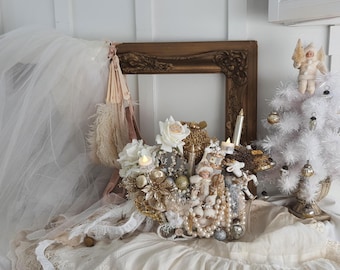 Handcrafted Christmas Sleigh Centerpiece, White & Gold Holiday Decor