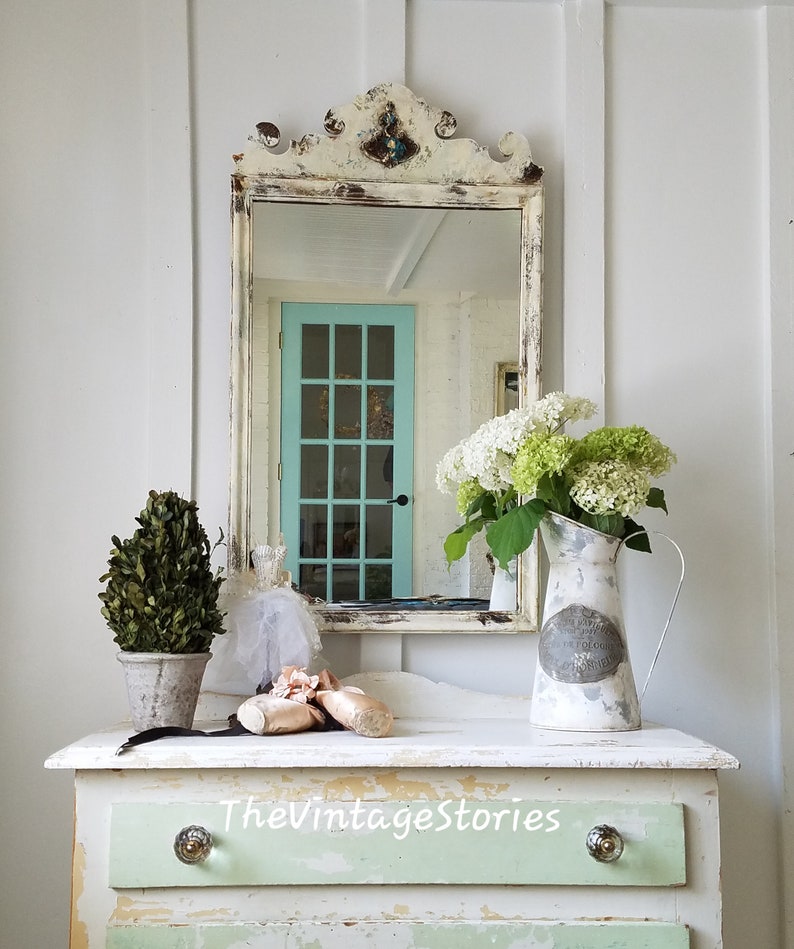 Decorative Mirror Wall Ornate Decor White Distressed Hand Painted Home