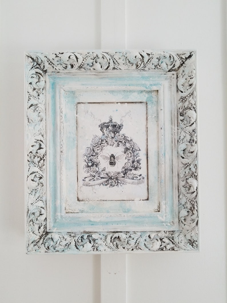 French Wall Decor Framed Queen Bee Crown Hanging Art Country White Distressed Hand Painted Home