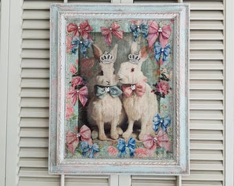 Vintage Easter Bunny Wall Decor, Shabby Chic Rhinestone Bunnies