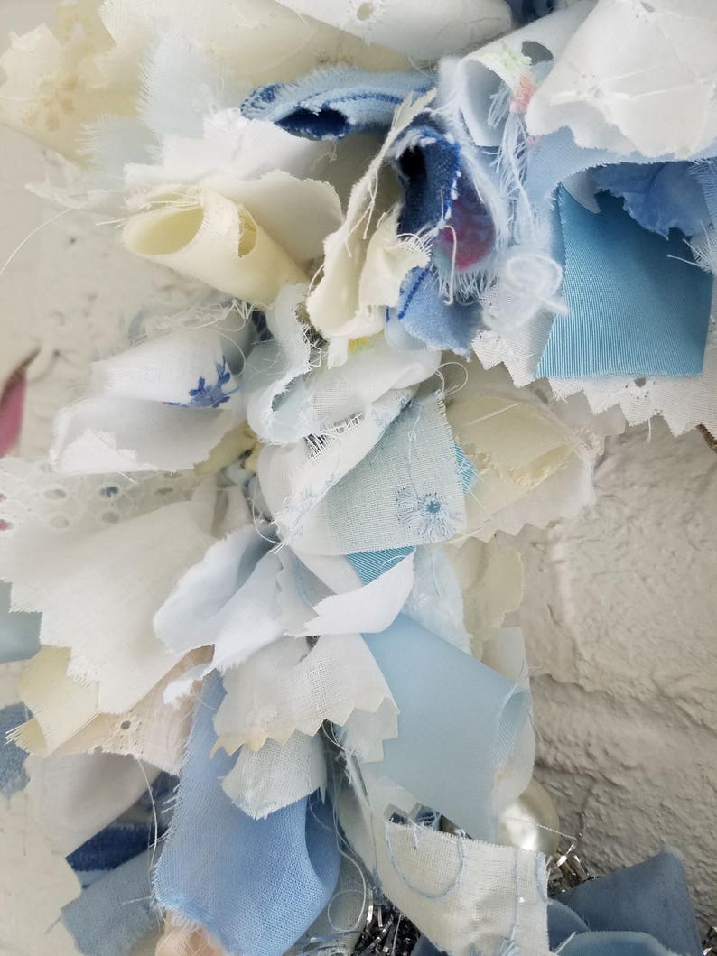 BLUE /& WHITE Rag Wreath Fabric Wreath Wall Decor Nursery Wall Decor Hand Made Home Decor