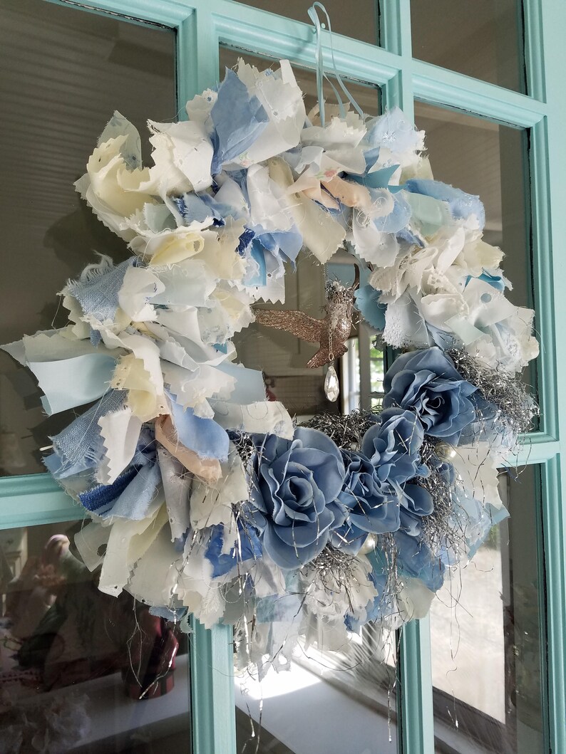 BLUE /& WHITE Rag Wreath Fabric Wreath Wall Decor Nursery Wall Decor Hand Made Home Decor