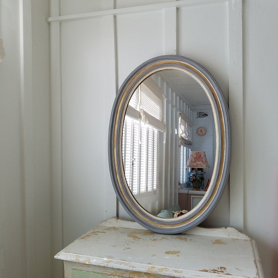 Grayand White Oval Wall Decorative Mirror Ornate Upcycled Distressed Hand Painted Home Decor