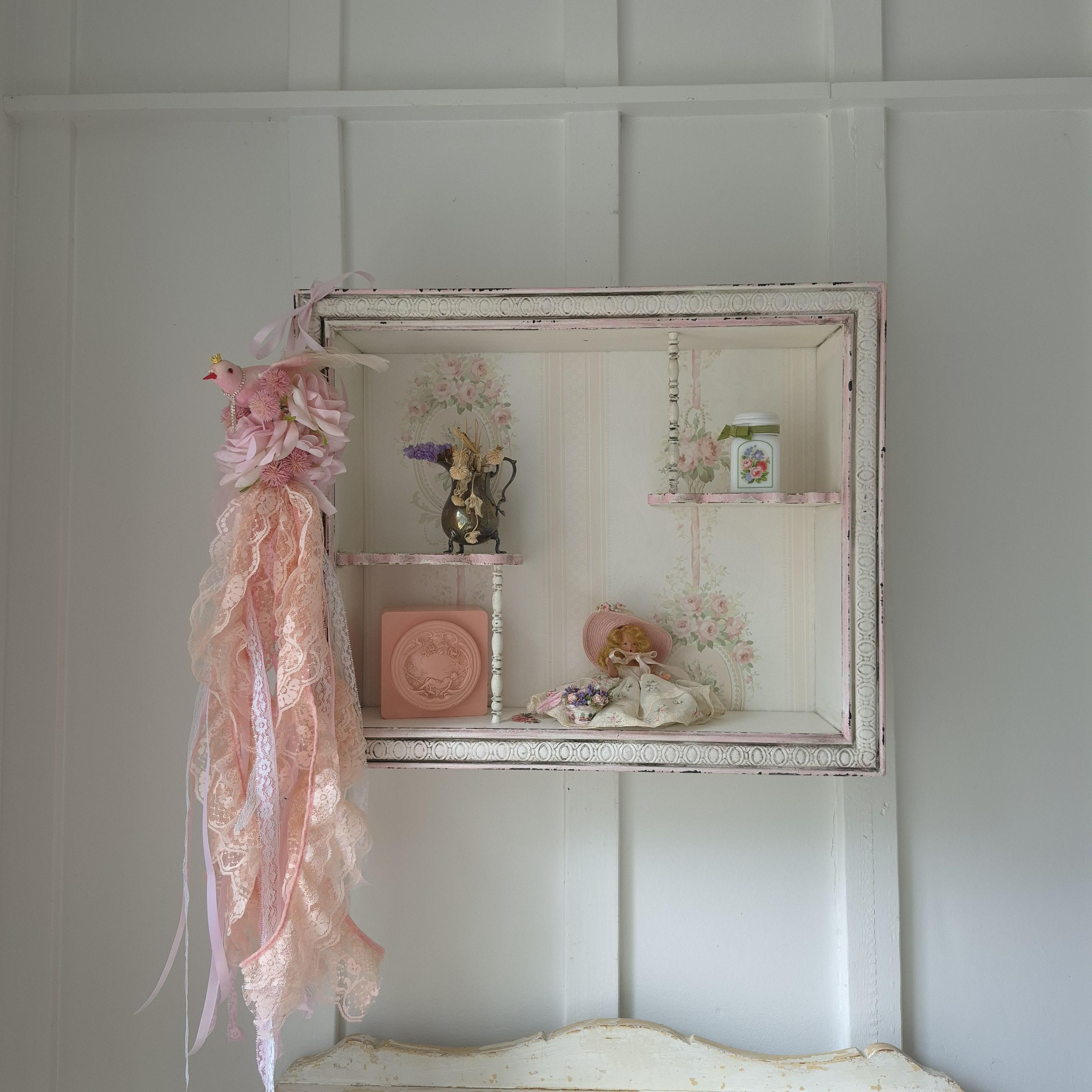 Vintage Display Curio Shelf Shadow Box Perfume Shelf Knic Knack Wall Shelf Shabby Cottage Pink/ White Distressed Hand Painted Home Decor