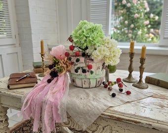 Shabby Chic Apple Basket, Pink Cottage Decor, French Country Basket, Vintage Style Storage Basket, Farmhouse Spring Easter Decor