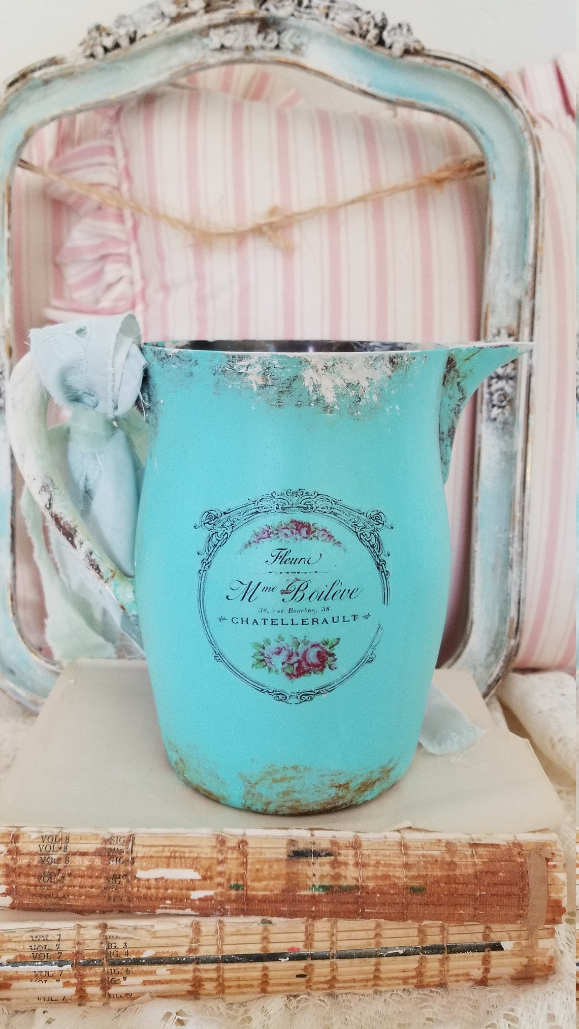 ORNATE Pitcher Decorative Pitcher Blue Shabby Rose Decor Etsy