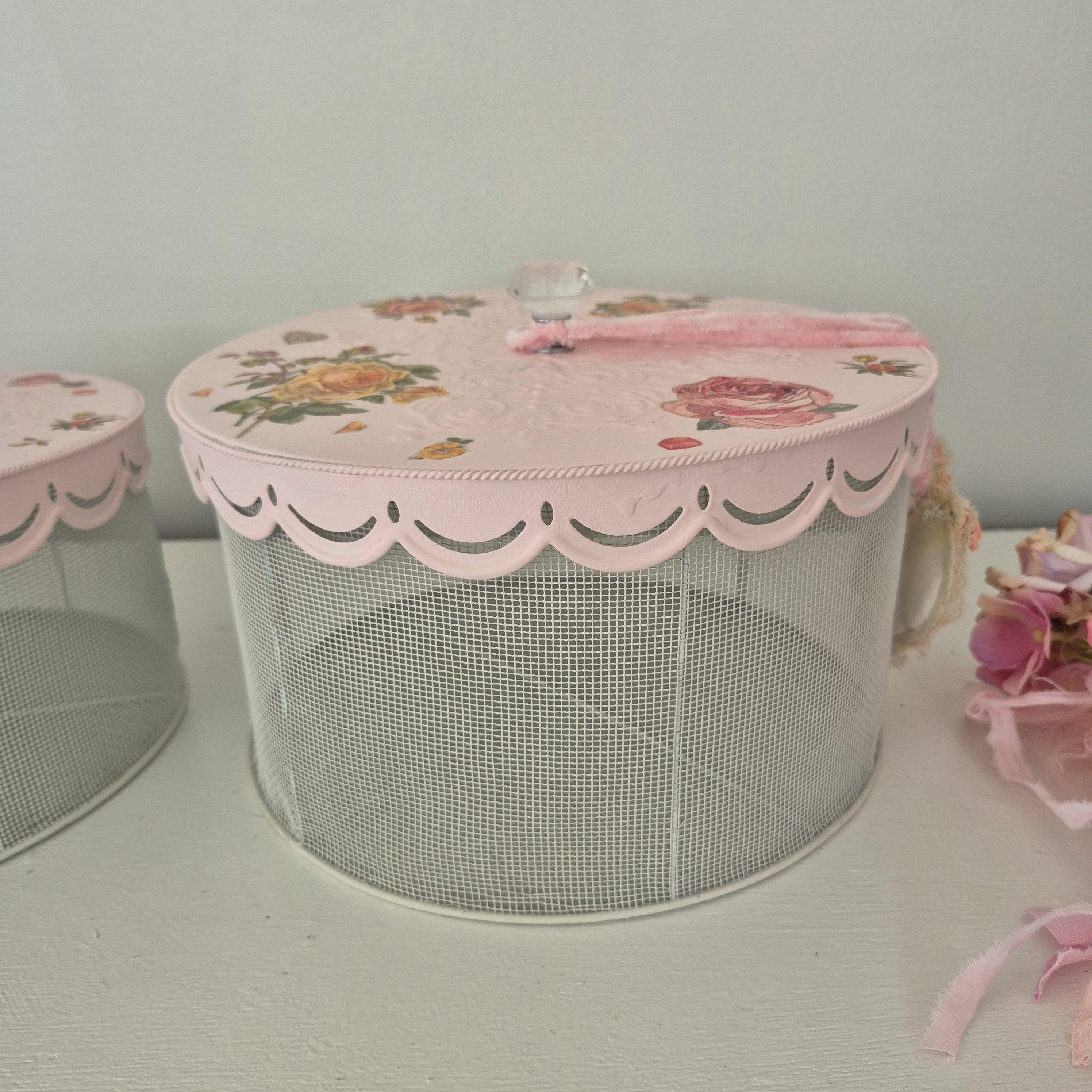 Set of 2 Shabby Chic Pink Mesh Storage Boxes With Hand Dyed Rag Bows ...