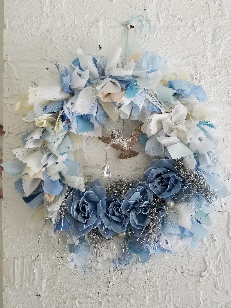 BLUE /& WHITE Rag Wreath Fabric Wreath Wall Decor Nursery Wall Decor Hand Made Home Decor