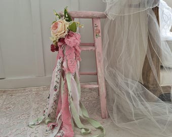 24" Tall Decorative Pink Stool with Cabbage Rose Rag Bow, Wooden Bar Stool, Shabby Cottage Chic, Vintage Stool, Hand Painted Stool