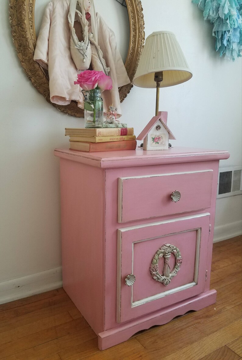 PINK Nightstand Side Table Kid/'s Room Shabby Chic Bed Room Furniture Home Decor