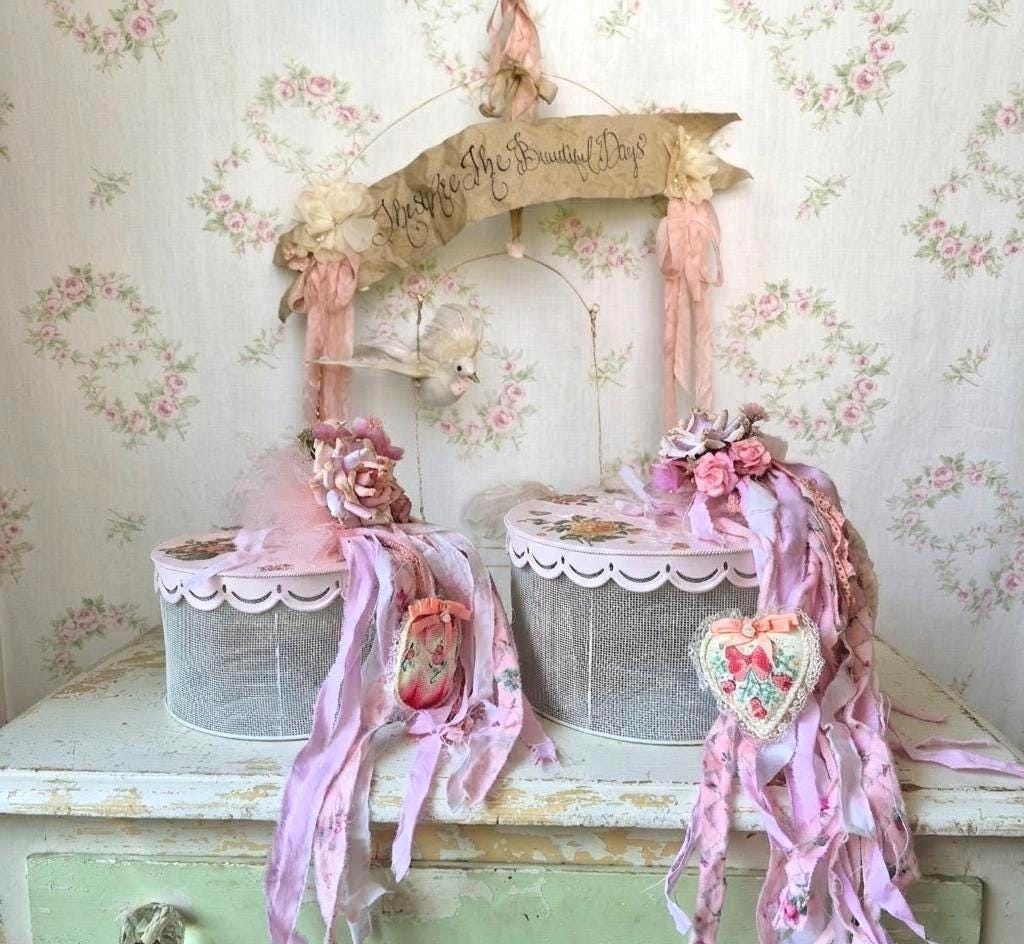 Set of 2 Shabby Chic Pink Mesh Storage Boxes With Hand Dyed Rag Bows ...