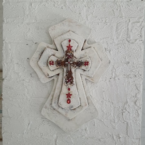 Layered Wood Wall Cross With Rhinestones Wall Décor Wall Hanging Religious Cross Wood Cross Gift Catholic Gift White Hand Painted Home Decor