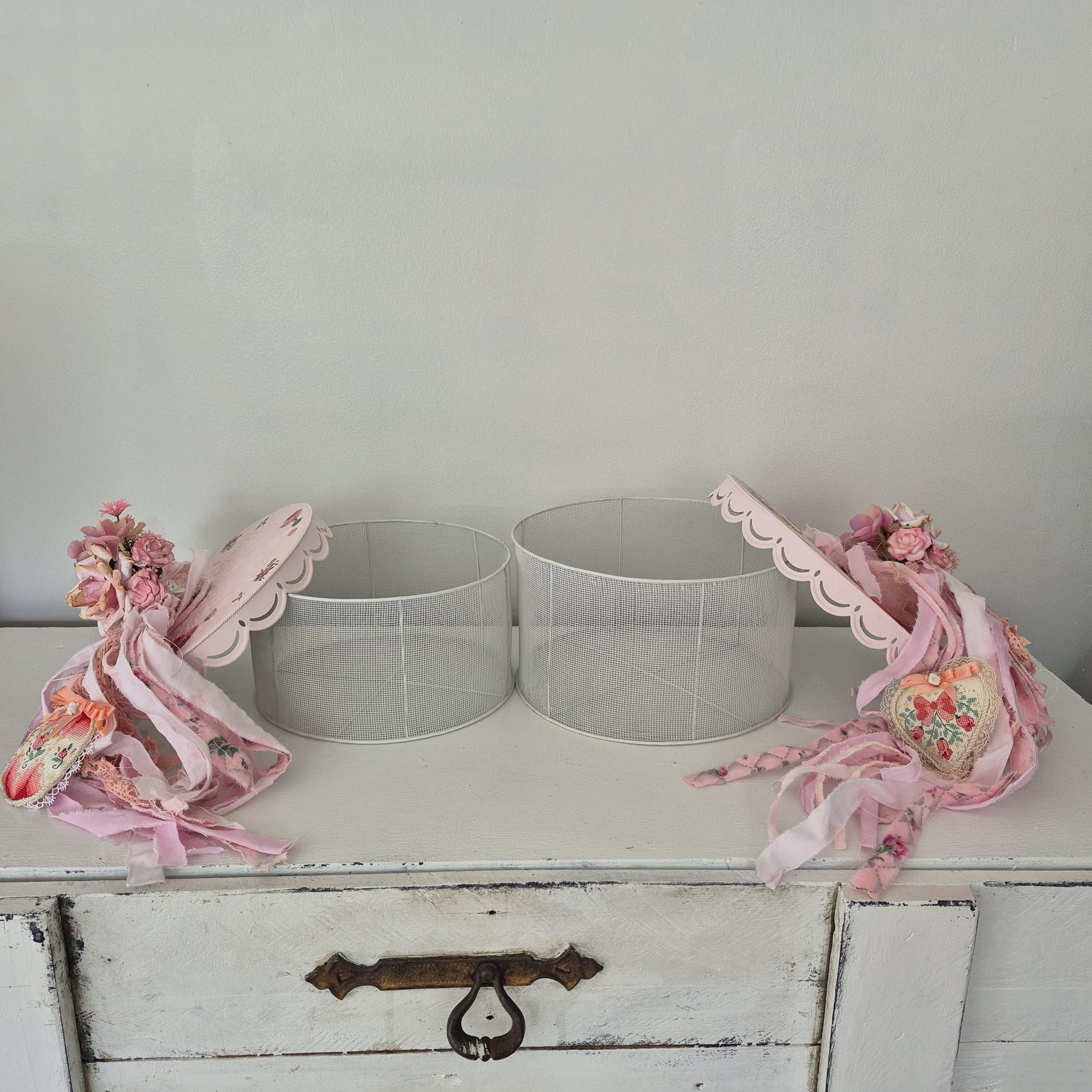 Set of 2 Shabby Chic Pink Mesh Storage Boxes With Hand Dyed Rag Bows ...