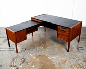 Mid Century Modern Desk Executive L shaped Jens Risom Walnut Leather Large Black