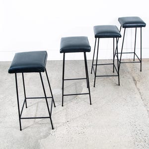 Mid Century Modern Bar Stools Black Wrought Iron Square Upholstered Cushion Mcm