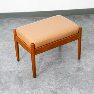 Mid Century Modern Ottoman Stool Tan Leather Vintage Mcm Wood Frame Rectangular
