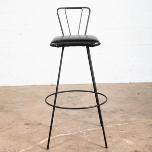 Mid Century Modern Bar Stool Black Metal Back 36.5 High Chair Mcm Round Vintage image 2
