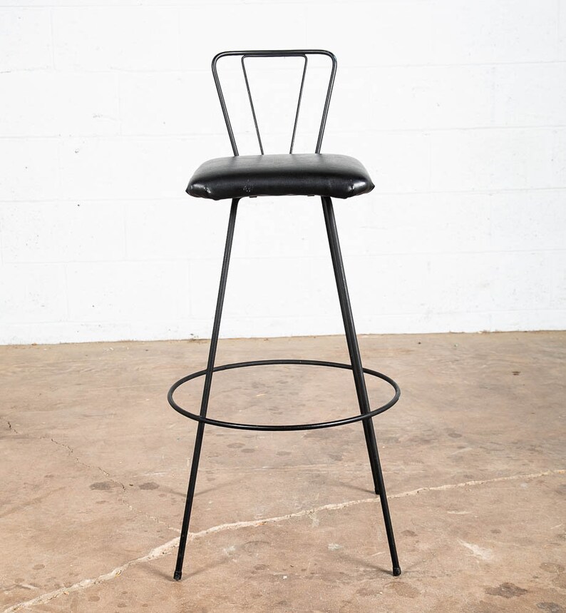 Mid Century Modern Bar Stool Black Metal Back 36.5 High Chair Mcm Round Vintage image 2