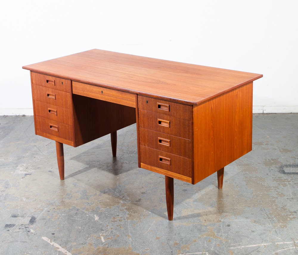 Mid Century Danish Modern Desk Executive Teak 9 Drawer Locking Etsy