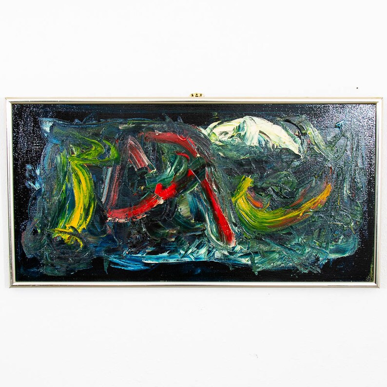 Mid Century Modern Oil Painting Danish Original Abstract Red Blue