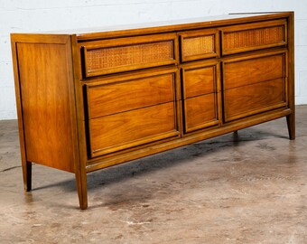 Mid Century Modern Dresser Credenza Thomasville Wide 9 Drawer Walnut Cane Mcm