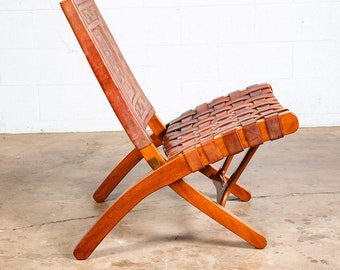 Mid-Century Modern Lounge Chair Paar braunes Leder Angel Pazmino Woven Folding