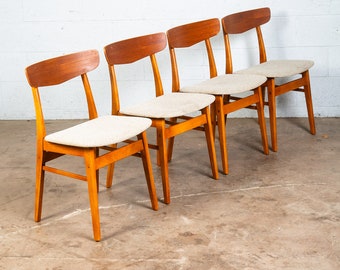 Mid Century Danish Modern Dining Chairs Set 4 Cream Off White Fabric Oak Teak NM