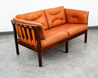 Mid Century Danish Modern Couch Sofa Cognac Tan Leather Loveseat Settee 2 Seat