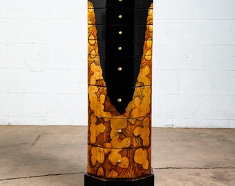 Mid Century Modern Chest of Drawers Jewelry Pedestal Black Gold Hand Painted 70s