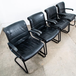 Mid Century Modern Office Chair Set Knoll International Black Leather Sapper 80s