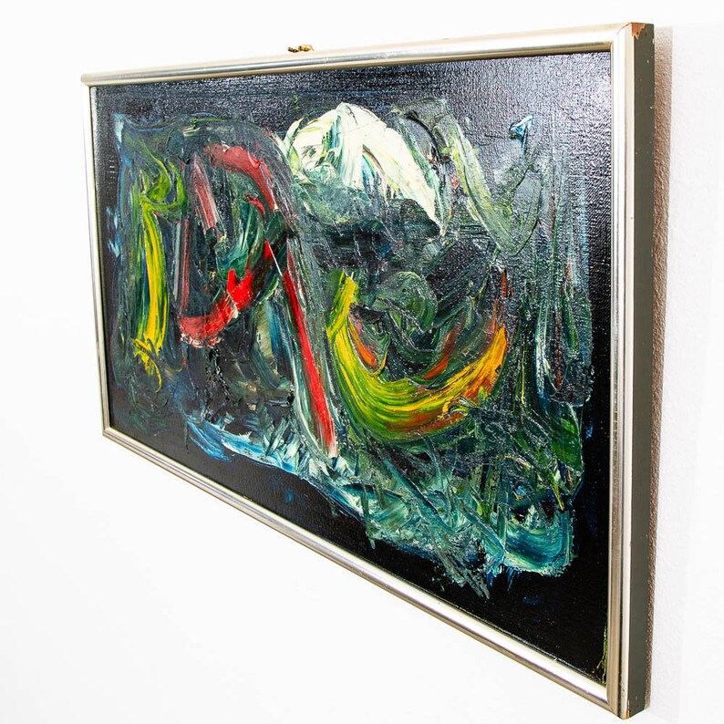 Mid Century Modern Oil Painting Danish Original Abstract Red Blue