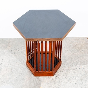 Mid Century Modern End Table Side Hexagon Arthur Umanoff Walnut Black Sculptural